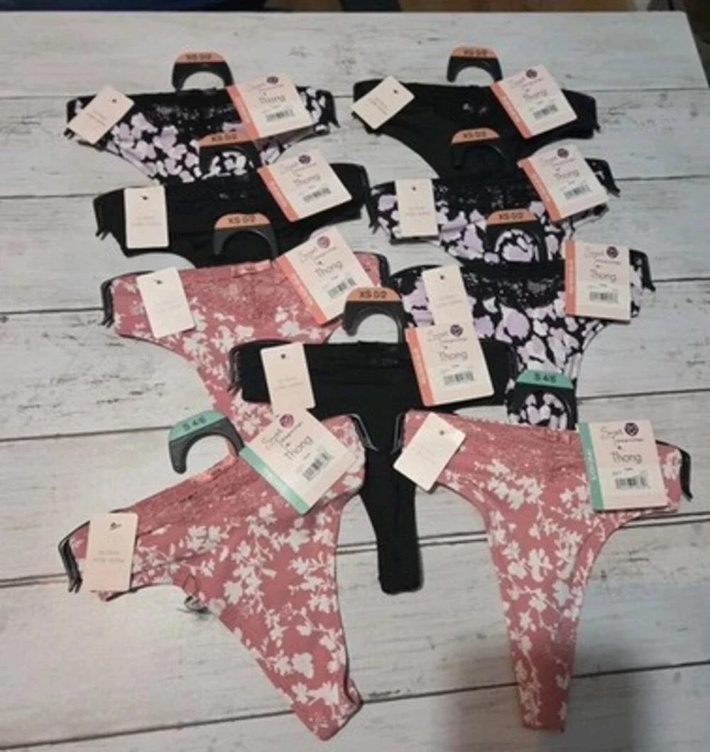 Lot Of 9 Secret Treasures THONG XS & S Sexy Black Lace Pink Panties NWT No Show